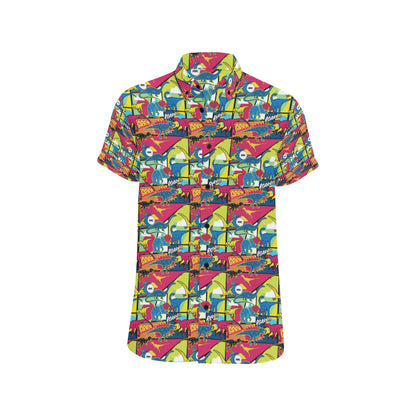 Dinosaur Comic Pop Art Style Men's Short Sleeve Button Up Shirt