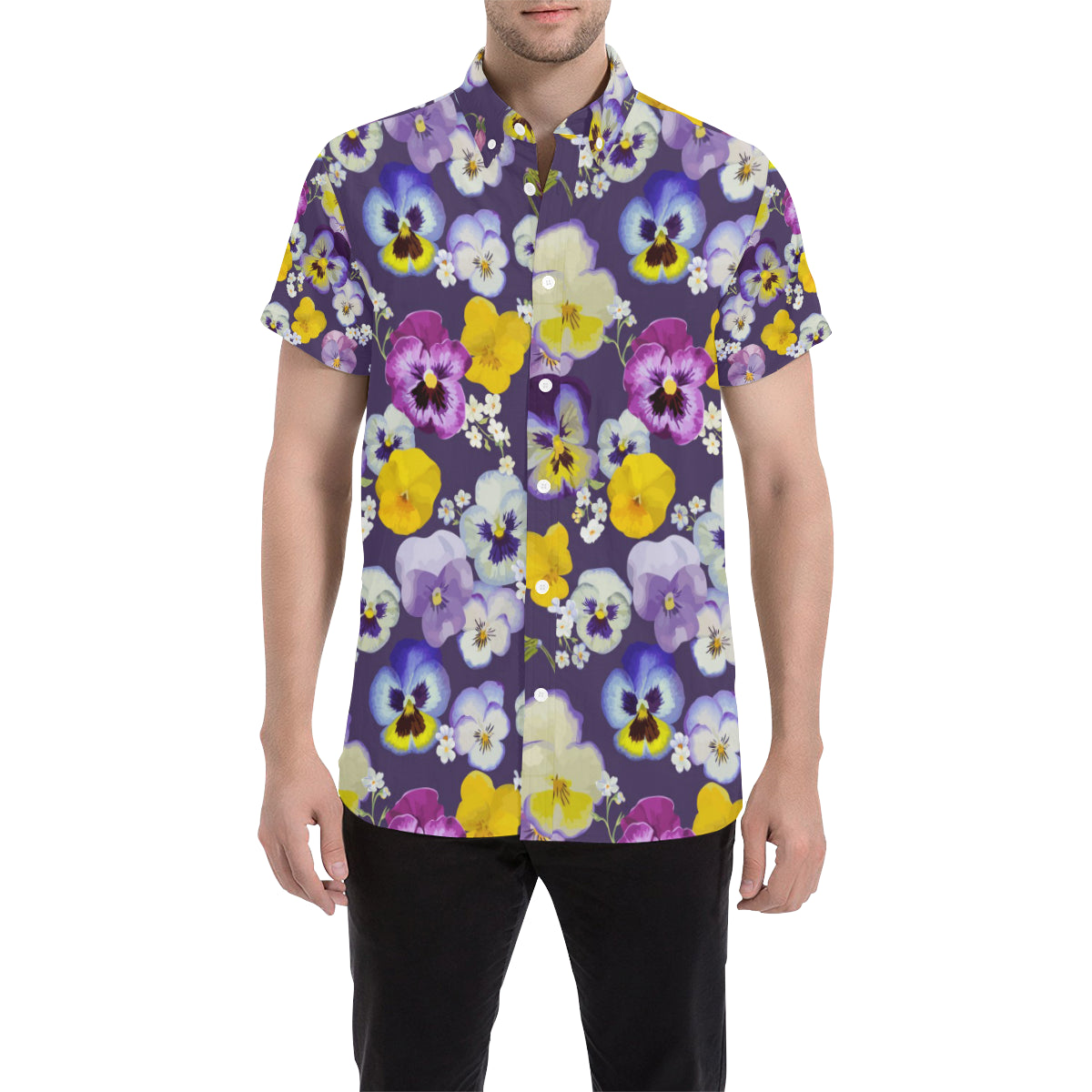 Pansy Pattern Print Design PS02 Men's Short Sleeve Button Up Shirt