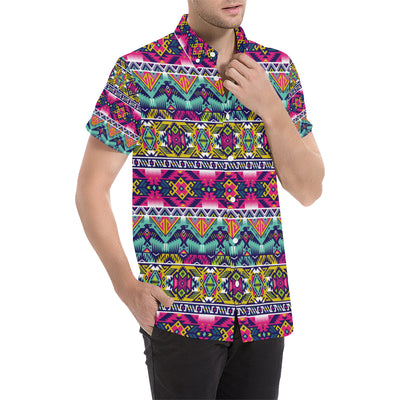 Indian Navajo Color Themed Design Print Men's Short Sleeve Button Up Shirt