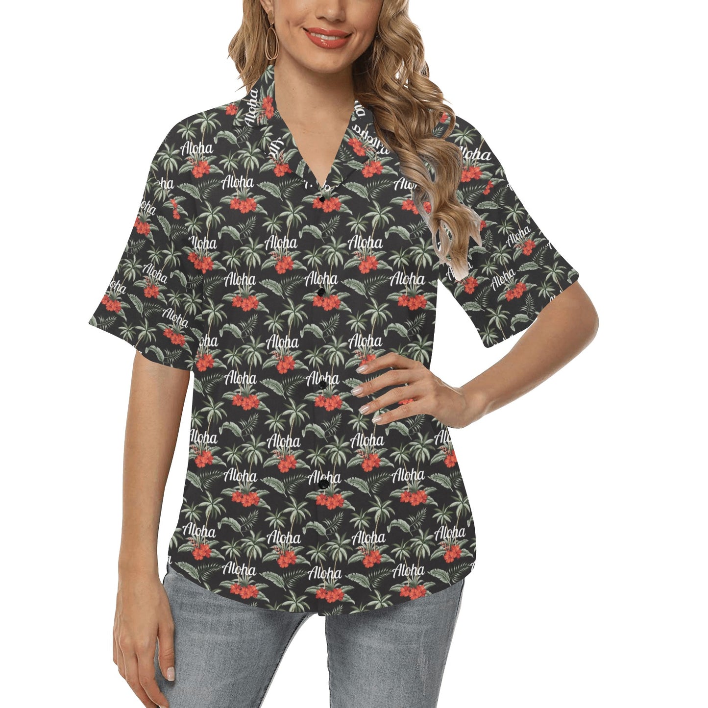 Aloha Palm Tree Design Themed Print Women's Hawaiian Shirt