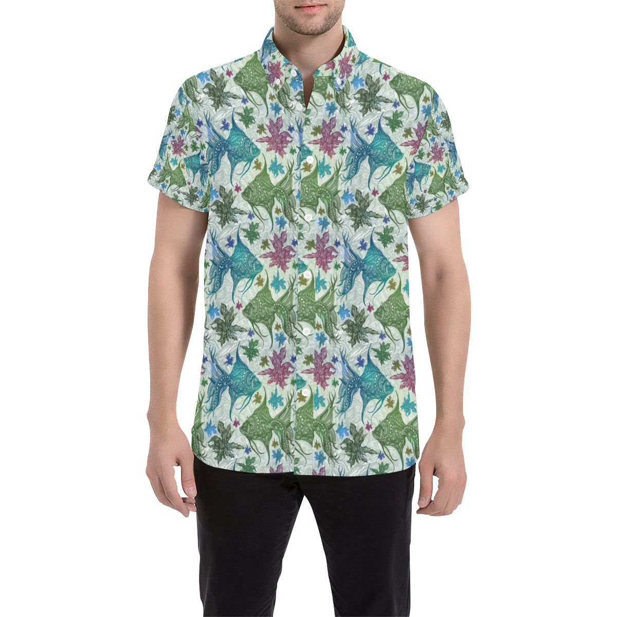 Angelfish Tribal Pattern Print Design 01 Men's Short Sleeve Button Up Shirt