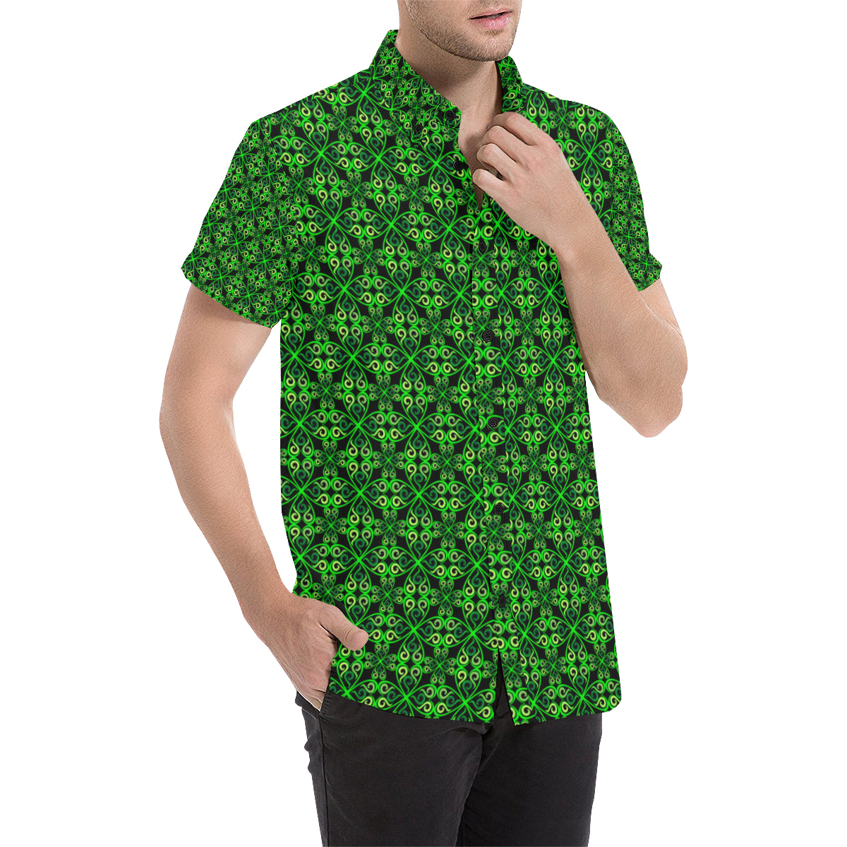 Celtic Green Neon Design Men's Short Sleeve Button Up Shirt