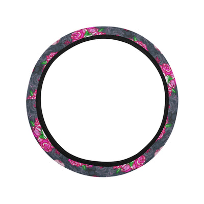 Sugar Skull Pink Rose Themed Print Steering Wheel Cover with Elastic Edge