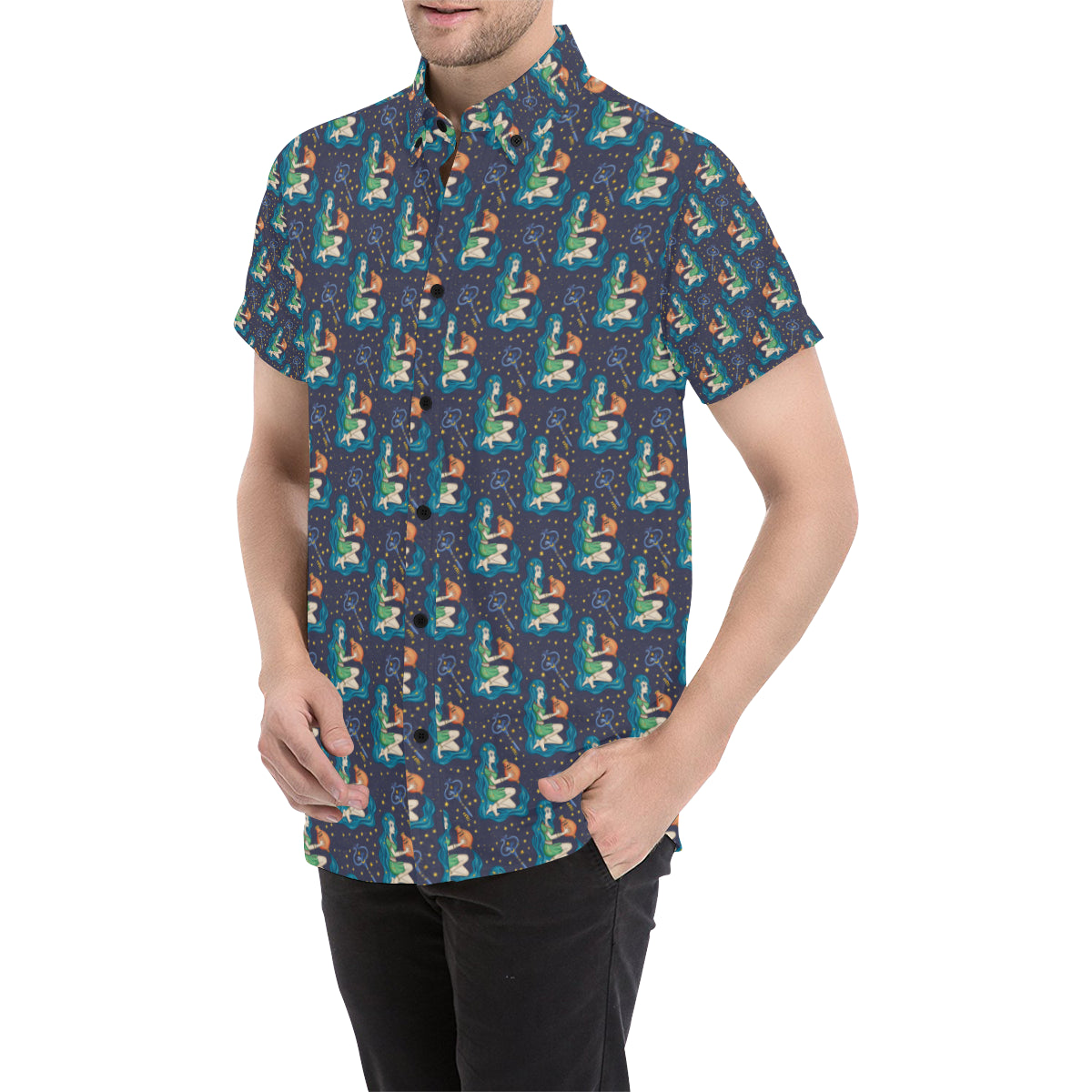 Aquarius Zodiac Pattern Print Design 03 Men's Short Sleeve Button Up Shirt