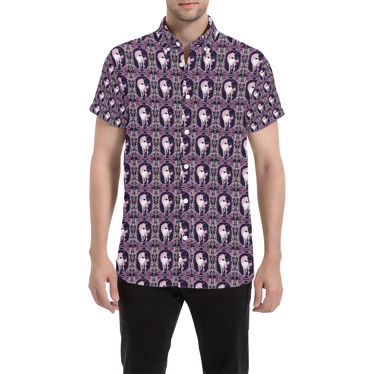 Unicorn Fantastic Flower Men's Short Sleeve Button Up Shirt