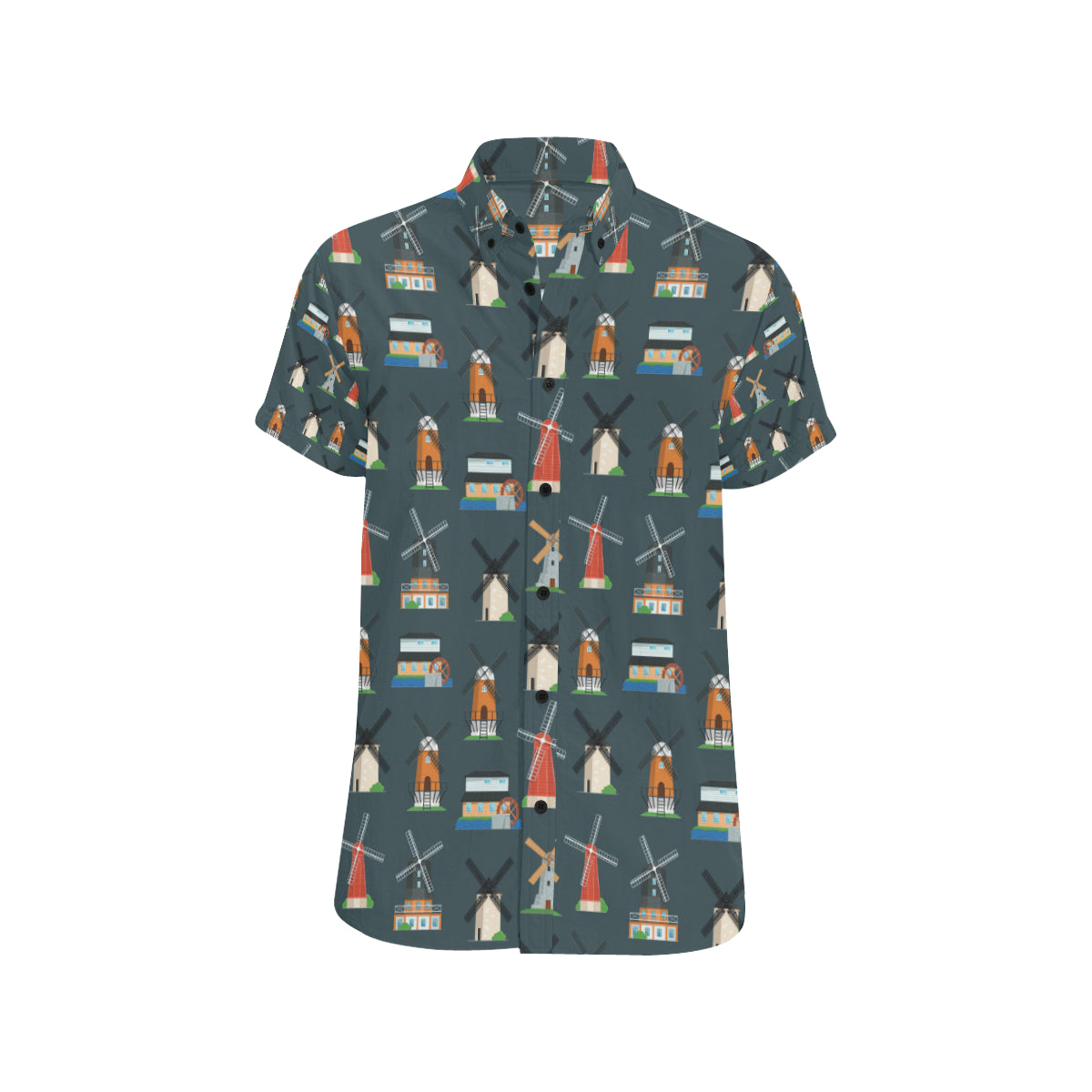 Windmill Pattern Print Design 04 Men's Short Sleeve Button Up Shirt