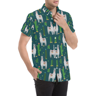 Llama Cactus Pattern Print Design 013 Men's Short Sleeve Button Up Shirt