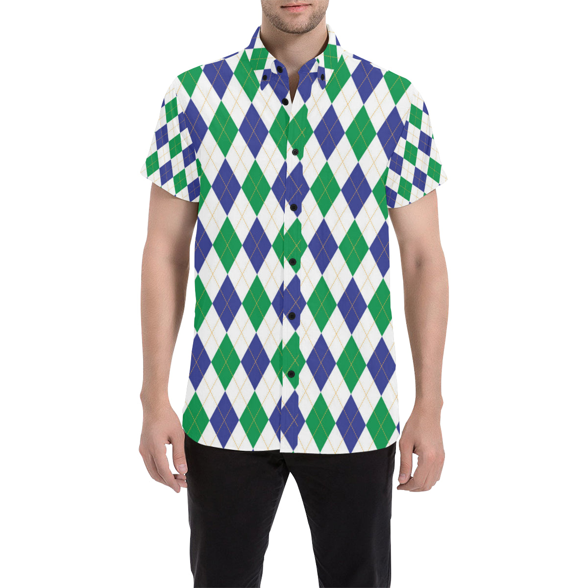 Argyle Green Blue Pattern Print Design 03 Men's Short Sleeve Button Up Shirt