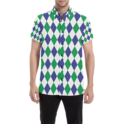 Argyle Green Blue Pattern Print Design 03 Men's Short Sleeve Button Up Shirt