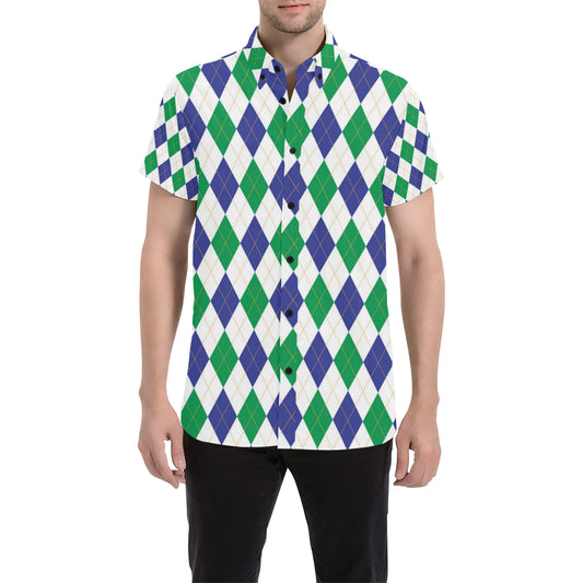 Argyle Green Blue Pattern Print Design 03 Men's Short Sleeve Button Up Shirt