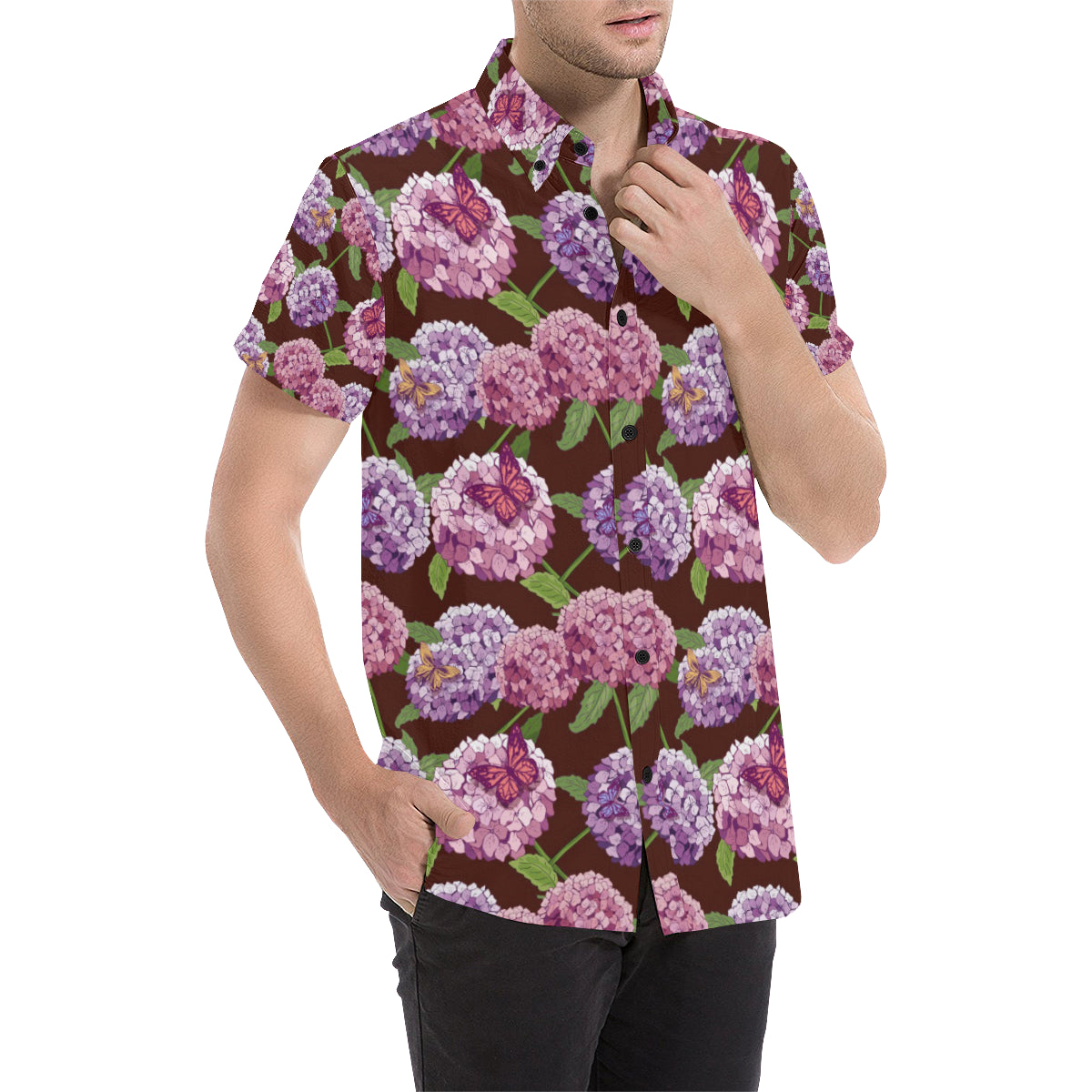 Hydrangea Pattern Print Design HD08 Men's Short Sleeve Button Up Shirt