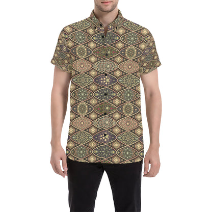 Mandala Motif Themed Design Print Men's Short Sleeve Button Up Shirt
