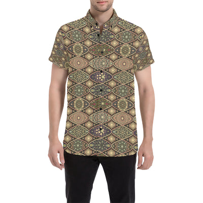 Mandala Motif Themed Design Print Men's Short Sleeve Button Up Shirt