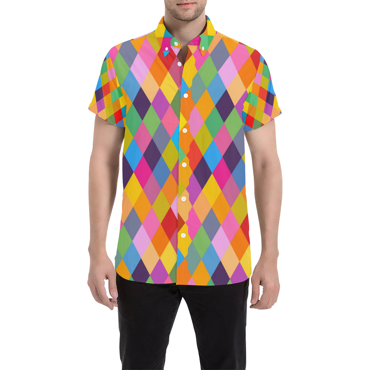 Harlequin Pattern Print Design 02 Men's Short Sleeve Button Up Shirt