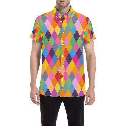Harlequin Pattern Print Design 02 Men's Short Sleeve Button Up Shirt
