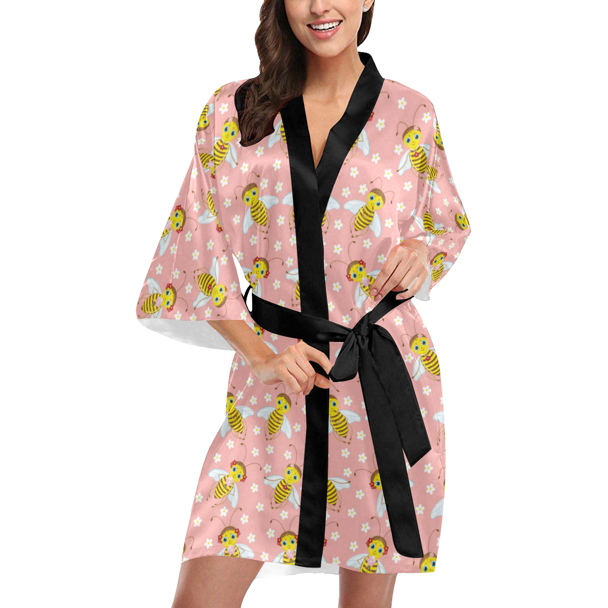 Bee Pattern Print Design BEE07 Women's Short Kimono