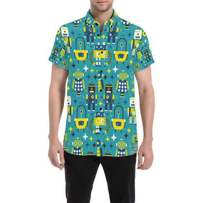 Robot Pattern Print Design A02 Men's Short Sleeve Button Up Shirt
