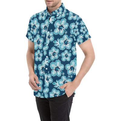 Blue Hibiscus Pattern Print Design HB011 Men's Short Sleeve Button Up Shirt