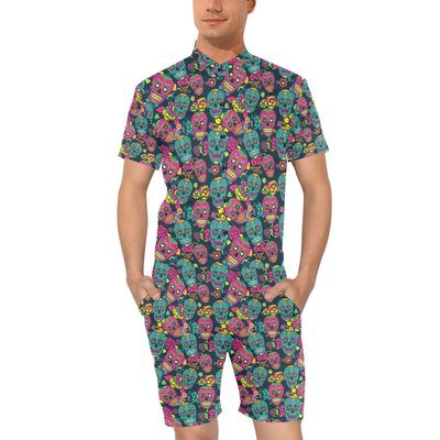 Sugar Skull Floral Design Themed Print Men's Romper