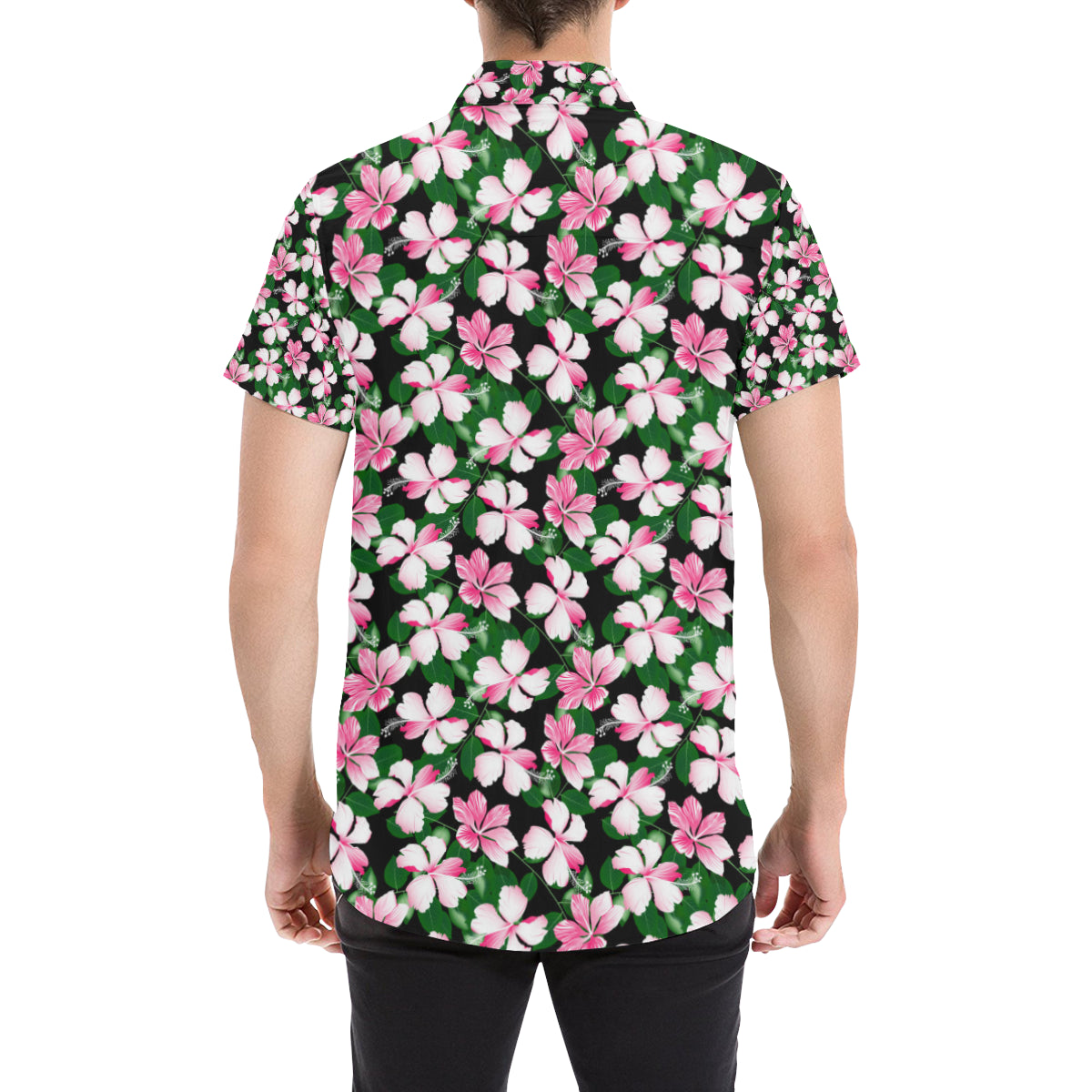 Hibiscus Pink Flower Hawaiian Print Men's Short Sleeve Button Up Shirt