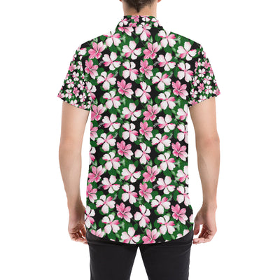 Hibiscus Pink Flower Hawaiian Print Men's Short Sleeve Button Up Shirt