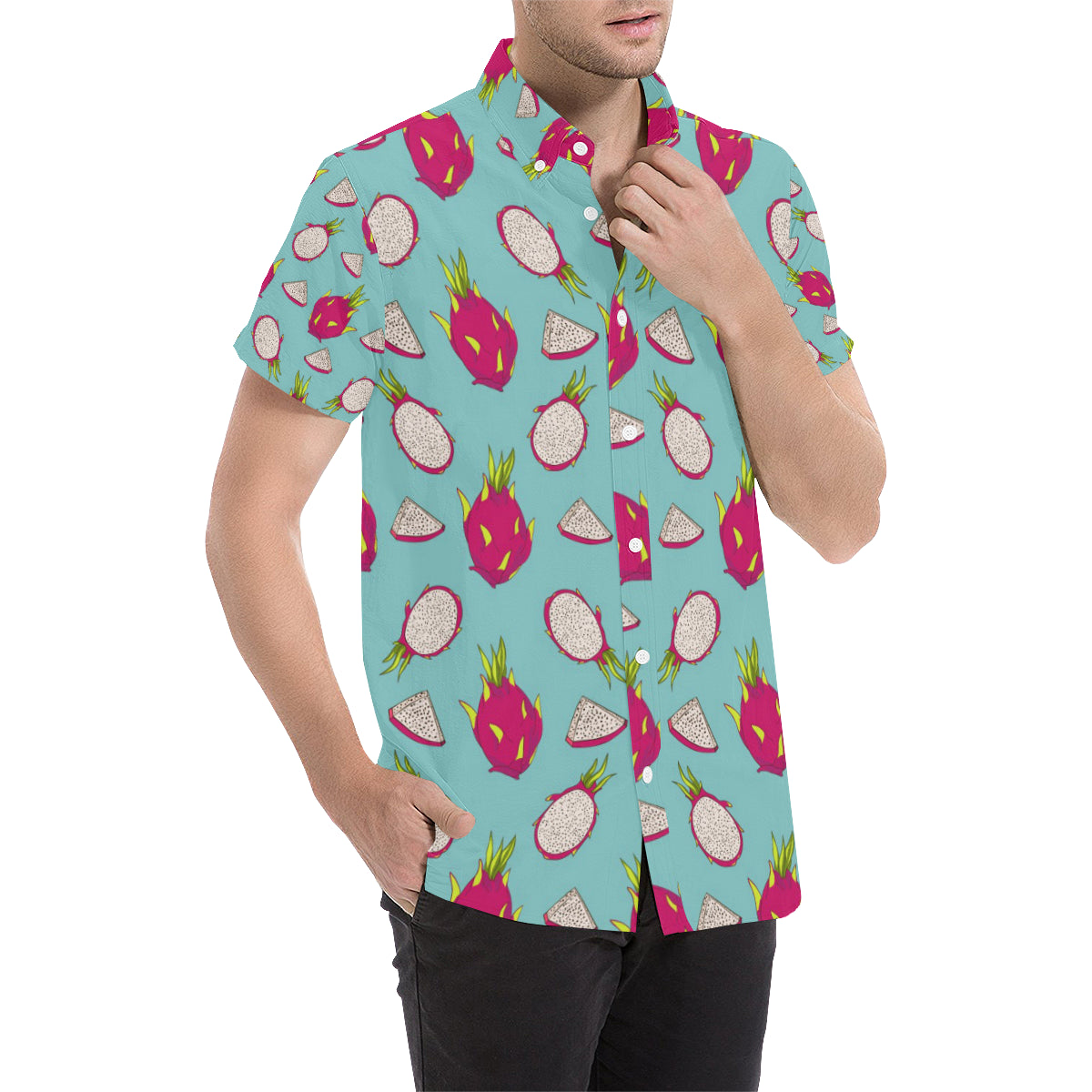 Dragonfruit Pattern Print Design DF01 Men's Short Sleeve Button Up Shirt