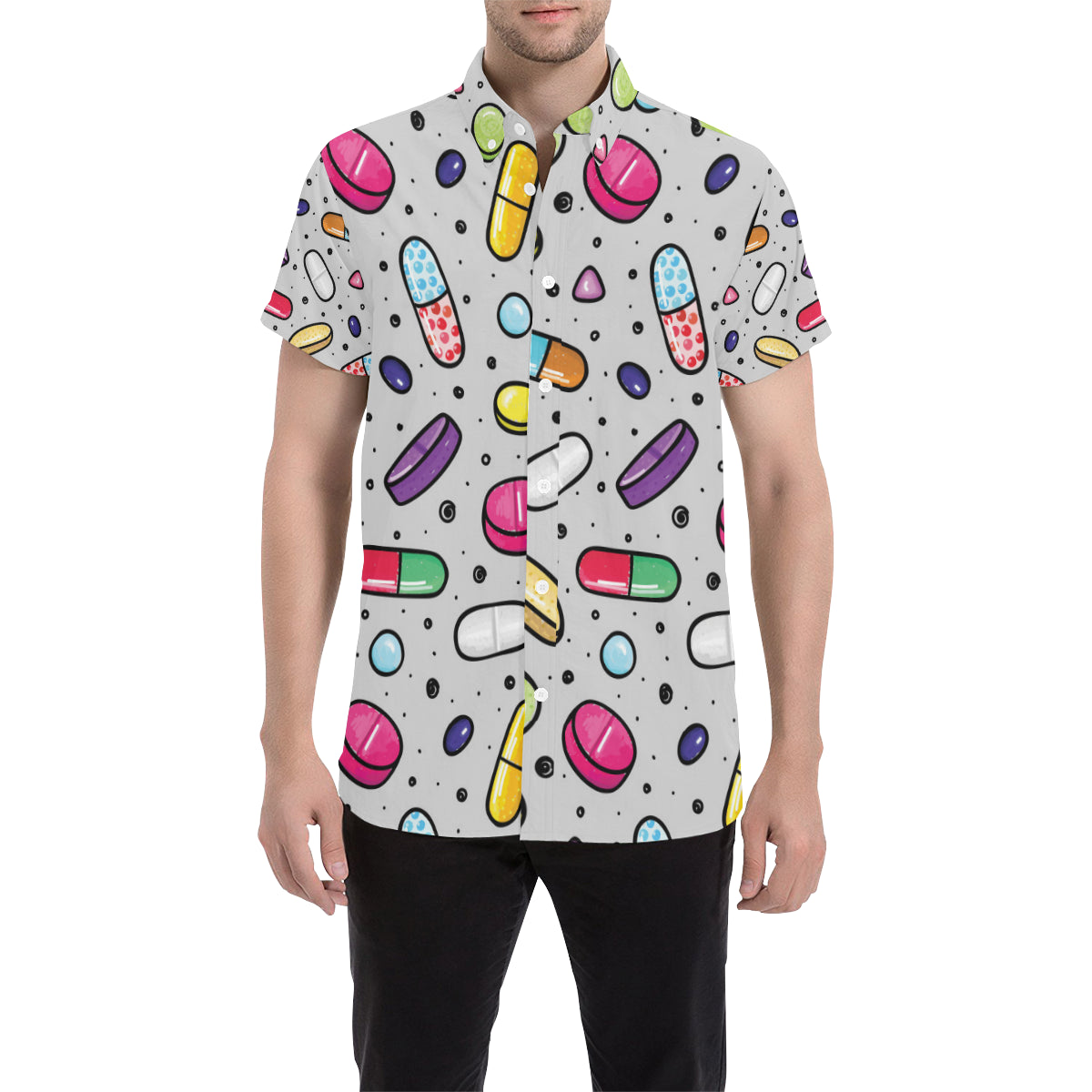 Pill Pattern Print Design A04 Men's Short Sleeve Button Up Shirt