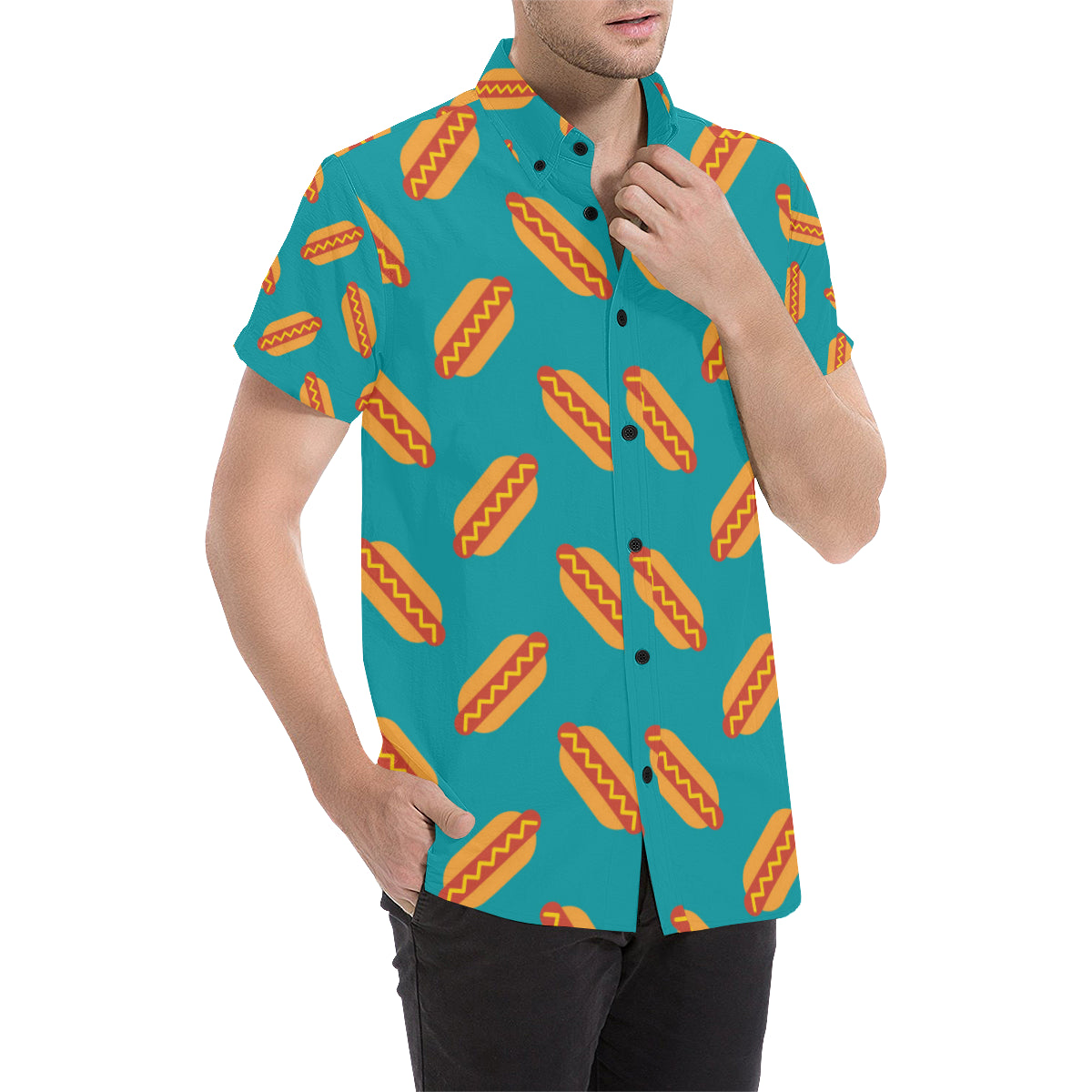 Hot Dog Pattern Print Design 03 Men's Short Sleeve Button Up Shirt