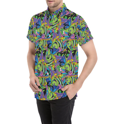 Psychedelic Trippy Mushroom Themed Men's Short Sleeve Button Up Shirt