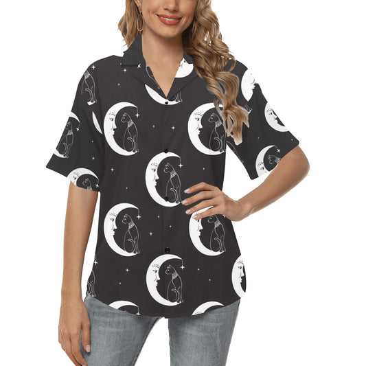Moon with Cat Pattern Print Design 04 Women's Hawaiian Shirt