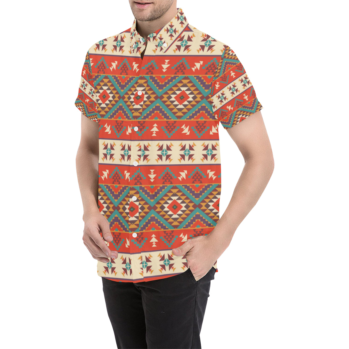 Aztec Red Print Pattern Men's Short Sleeve Button Up Shirt