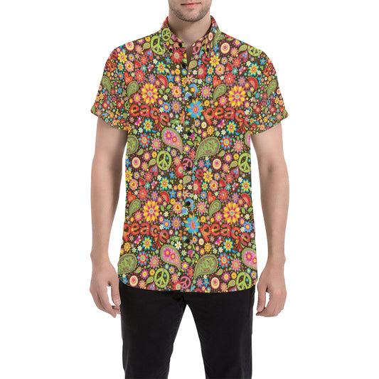 Flower Power Peace Paisley Themed Print Men's Short Sleeve Button Up Shirt