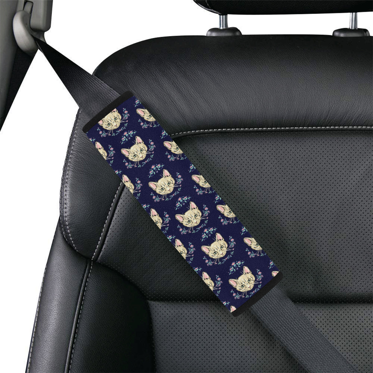 Cat Head with flower Print Pattern Car Seat Belt Cover