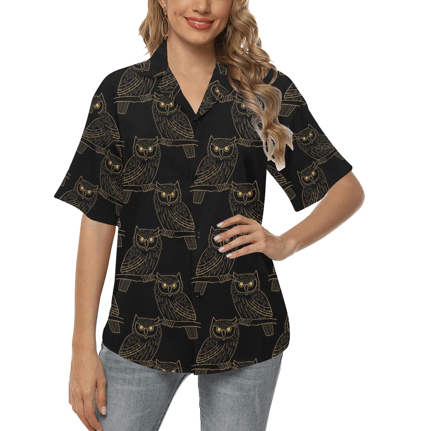 Gold Owl Pattern Women's Hawaiian Shirt