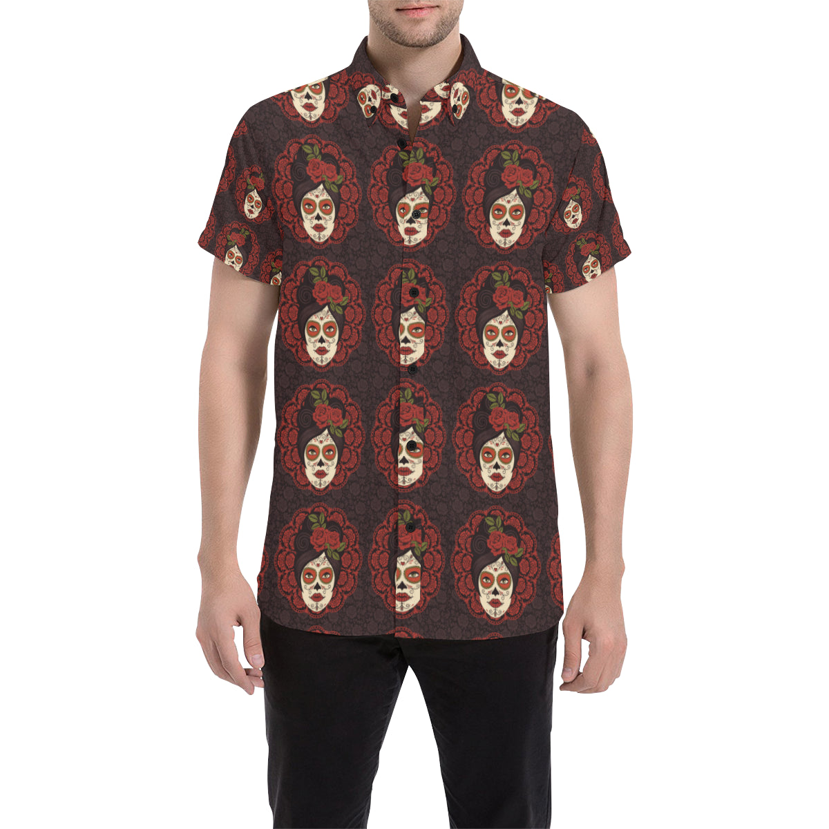 Day of the Dead Mexican Girl Men's Short Sleeve Button Up Shirt