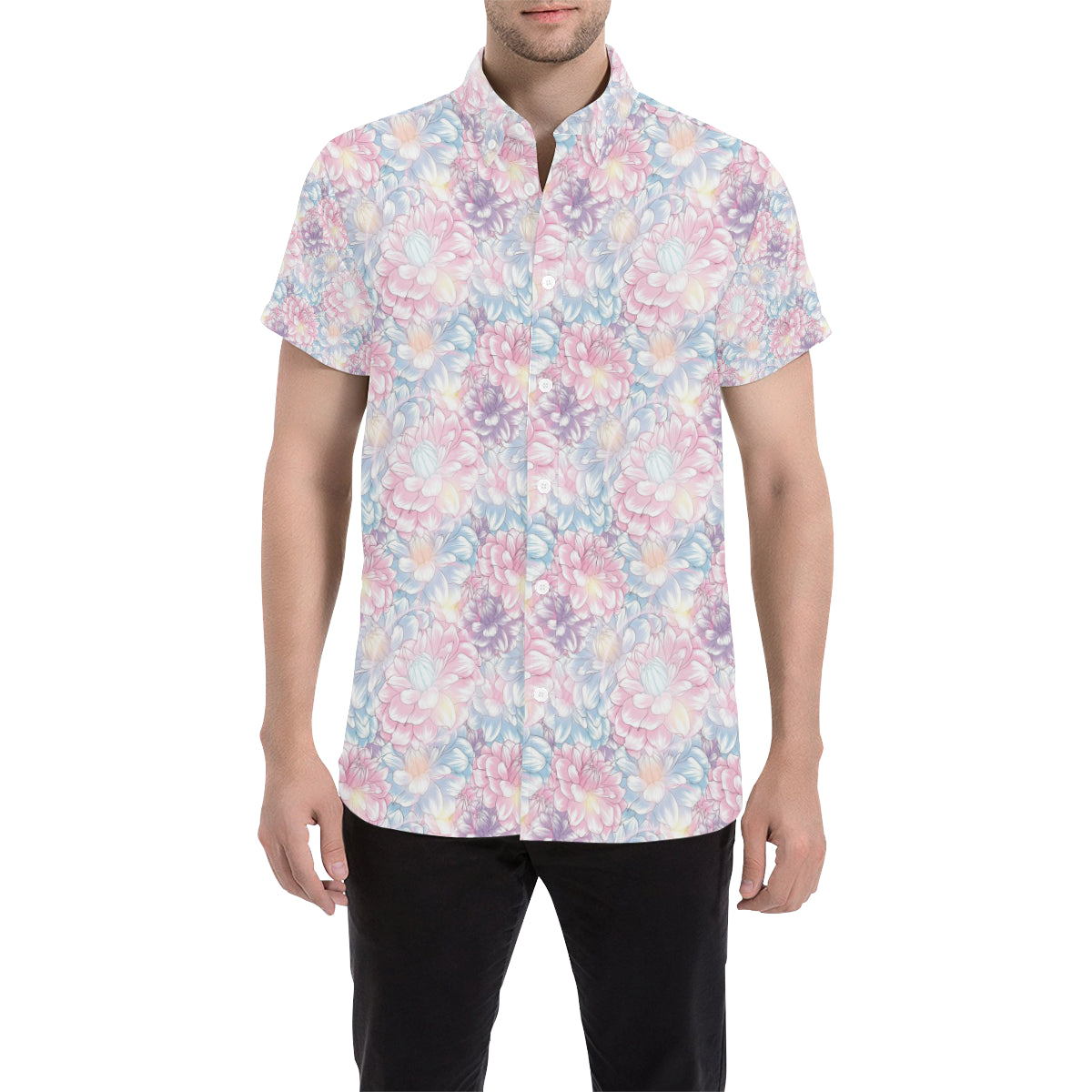 Dahlia Pattern Print Design 01 Men's Short Sleeve Button Up Shirt