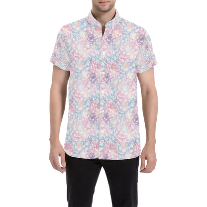 Dahlia Pattern Print Design 01 Men's Short Sleeve Button Up Shirt