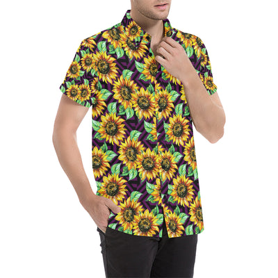 Sunflower Pattern Print Design SF012 Men's Short Sleeve Button Up Shirt