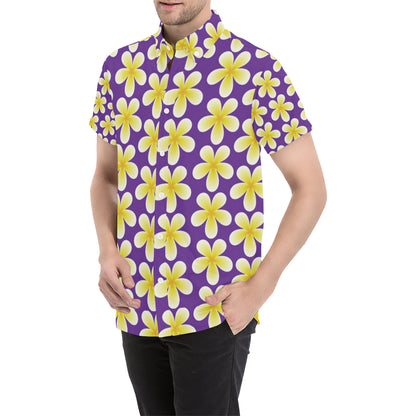 Yellow Plumeria Pattern Print Design PM05 Men's Short Sleeve Button Up Shirt