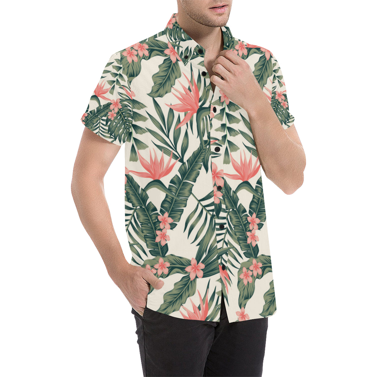 Tropical Flower Palm Leaves Men's Short Sleeve Button Up Shirt