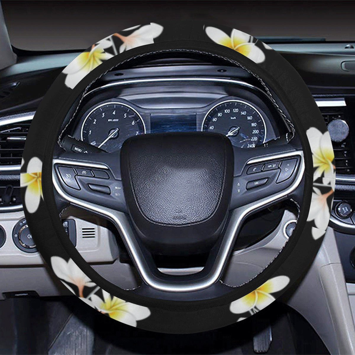 White Plumeria Pattern Print Design PM08 Steering Wheel Cover with Elastic Edge