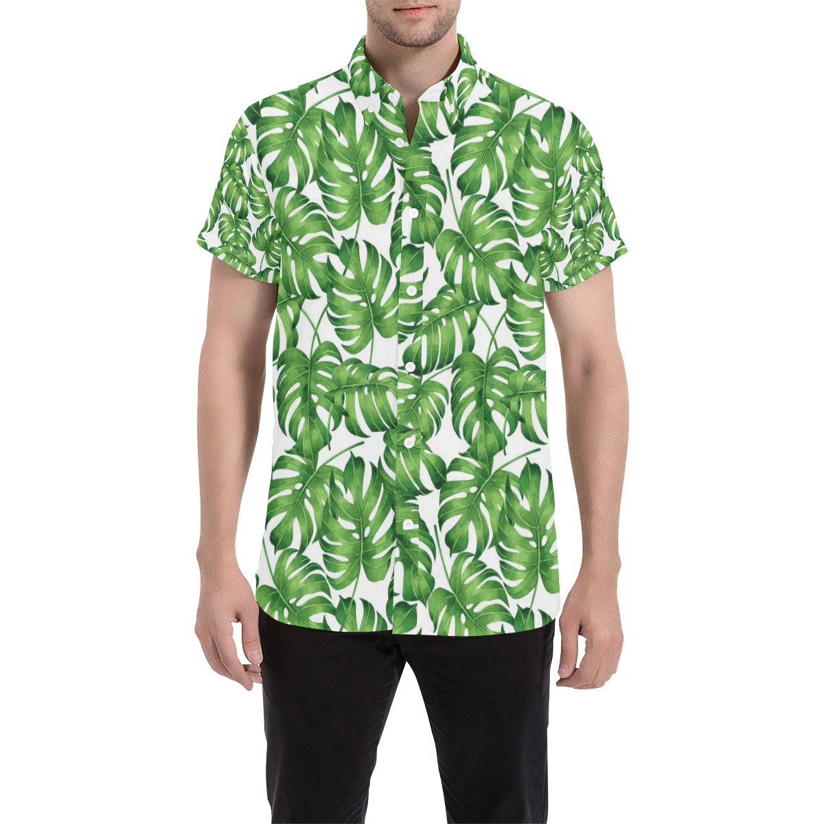 Palm Leaves Pattern Print Design PL08 Men's Short Sleeve Button Up Shirt