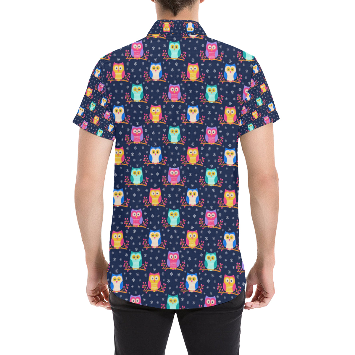 Owl Cute Themed Design Print Men's Short Sleeve Button Up Shirt