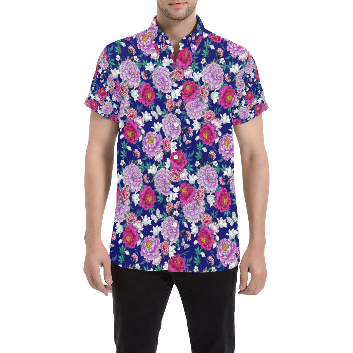 Dahlia Pattern Print Design DH013 Men's Short Sleeve Button Up Shirt