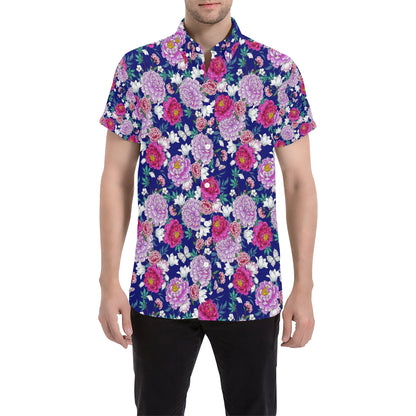 Dahlia Pattern Print Design DH013 Men's Short Sleeve Button Up Shirt