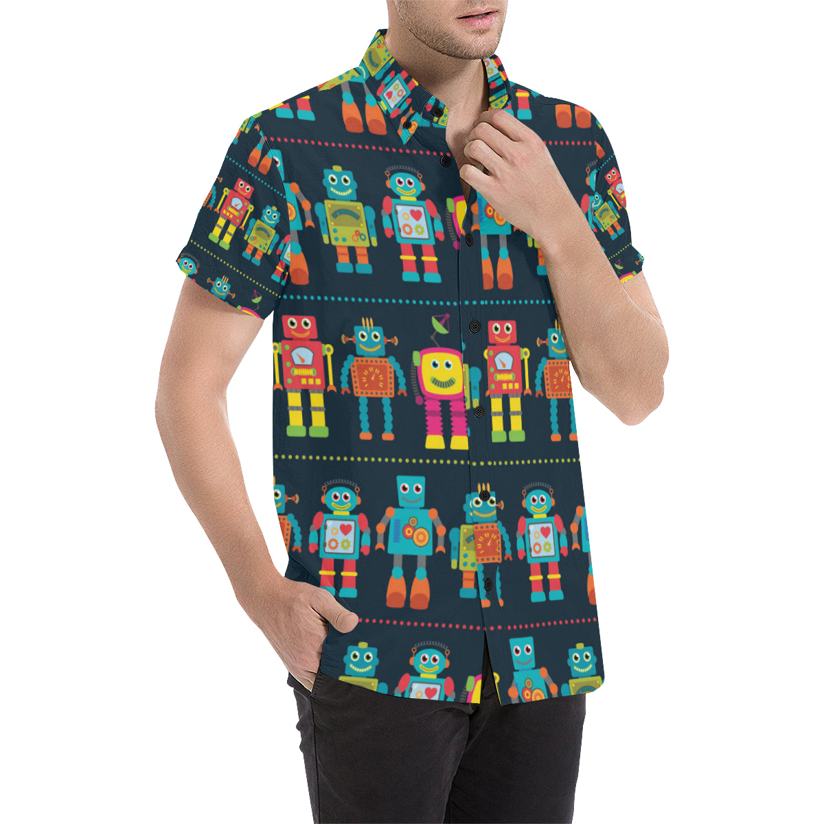 Robot Pattern Print Design A01 Men's Short Sleeve Button Up Shirt