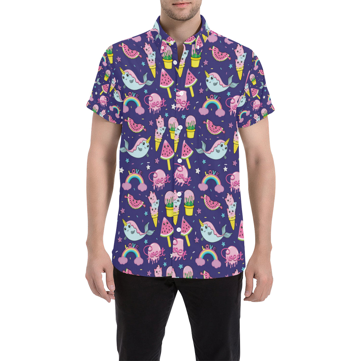 Narwhal Cute Pattern Print Design 02 Men's Short Sleeve Button Up Shirt