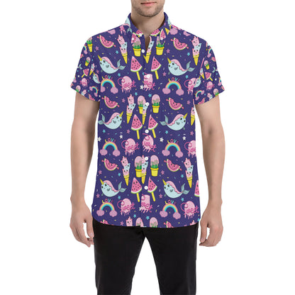 Narwhal Cute Pattern Print Design 02 Men's Short Sleeve Button Up Shirt