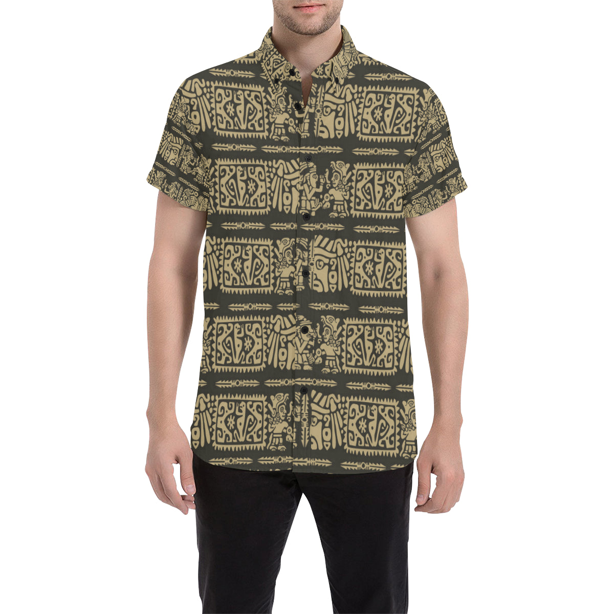 Mayan Pattern Print Design 02 Men's Short Sleeve Button Up Shirt