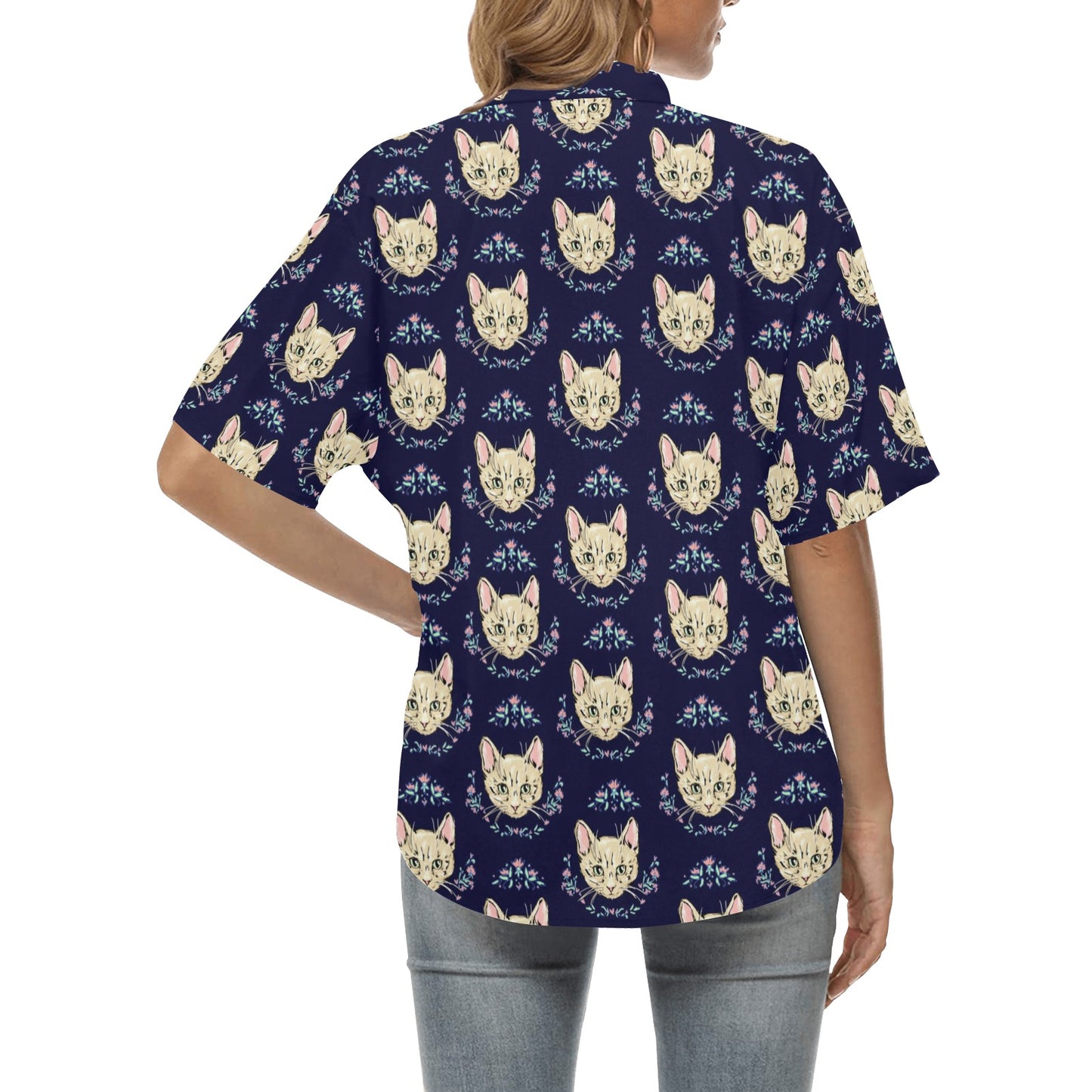 Cat Head with flower Print Pattern Women's Hawaiian Shirt